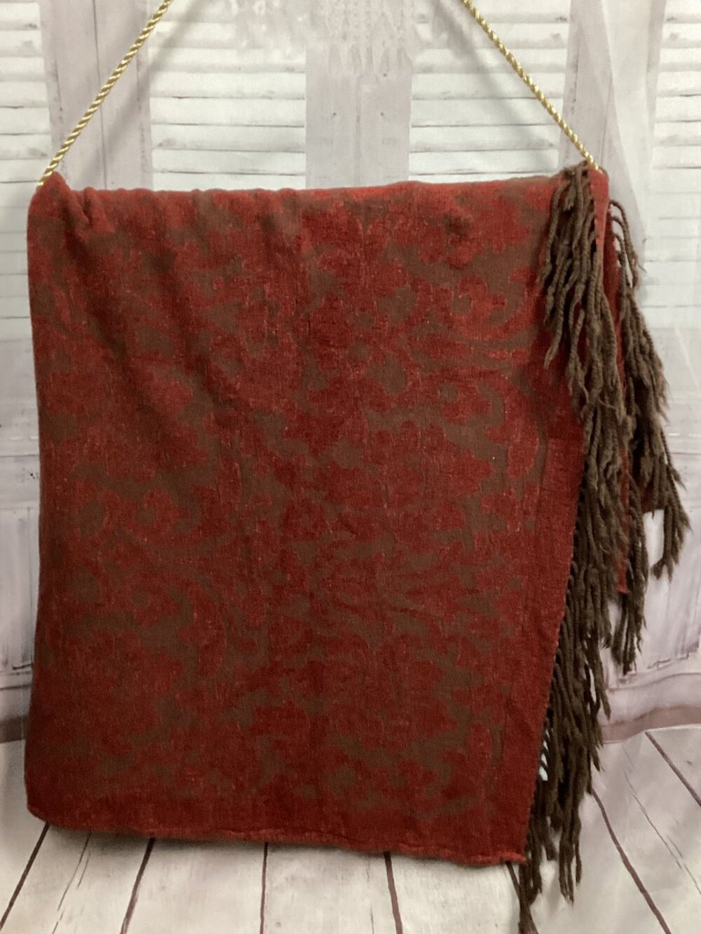 Restoration Hardware Chenille Throw Blanket 50” x 54” Red Taupe Fringe